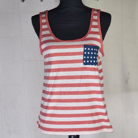 Fifth Sun Red White Stripe Blue Pocket with White Stars Poly Rayon Tank Top Sz L - Picture 1 of 16